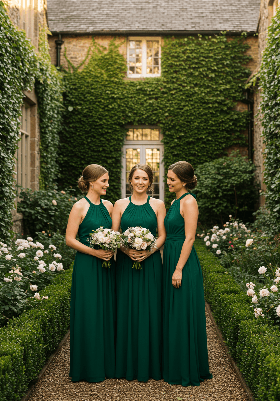 Three bridesmaids in emerald green halter neck gowns creating modern sophisticated look in garden setting