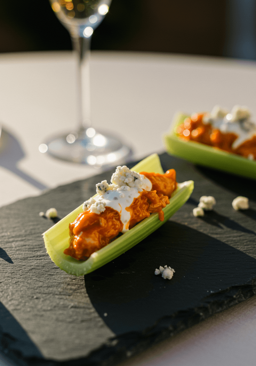 Fresh celery stalks filled with spicy buffalo chicken mixture and creamy blue cheese, served as healthy wedding appetizers