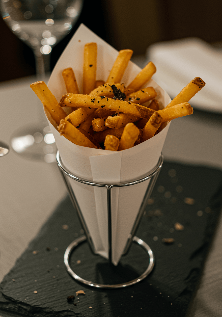 Golden crispy truffle-dusted french fries elegantly served in decorative paper cones at a wedding reception