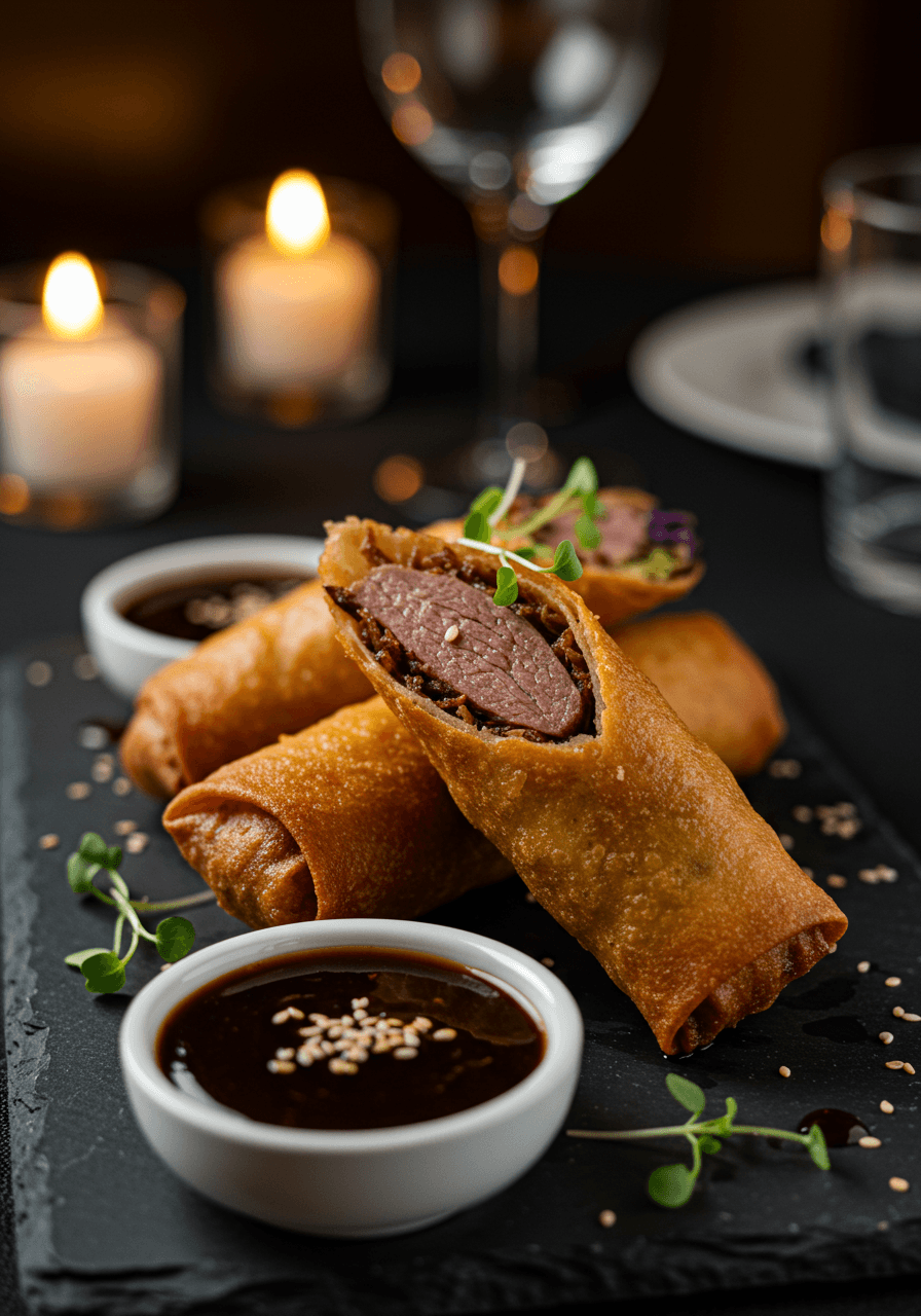 Elegant duck confit spring rolls wrapped in translucent rice paper served with rich plum dipping sauce at a sophisticated wedding reception