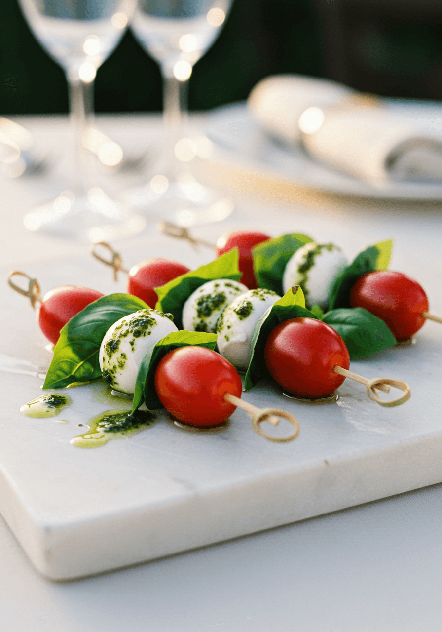 Classic caprese skewers with cherry tomatoes, fresh mozzarella, and basil leaves, drizzled with vibrant green pesto sauce