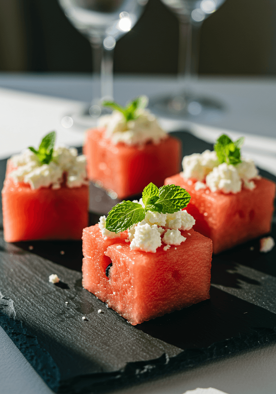 Fresh watermelon cubes topped with crumbled feta cheese and mint leaves as light, refreshing wedding appetizers