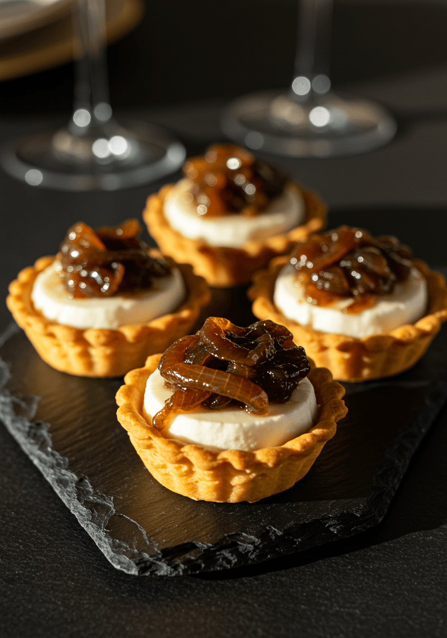 Individual tartlet shells filled with fluffy whipped goat cheese and topped with golden caramelized onions at an elegant wedding reception