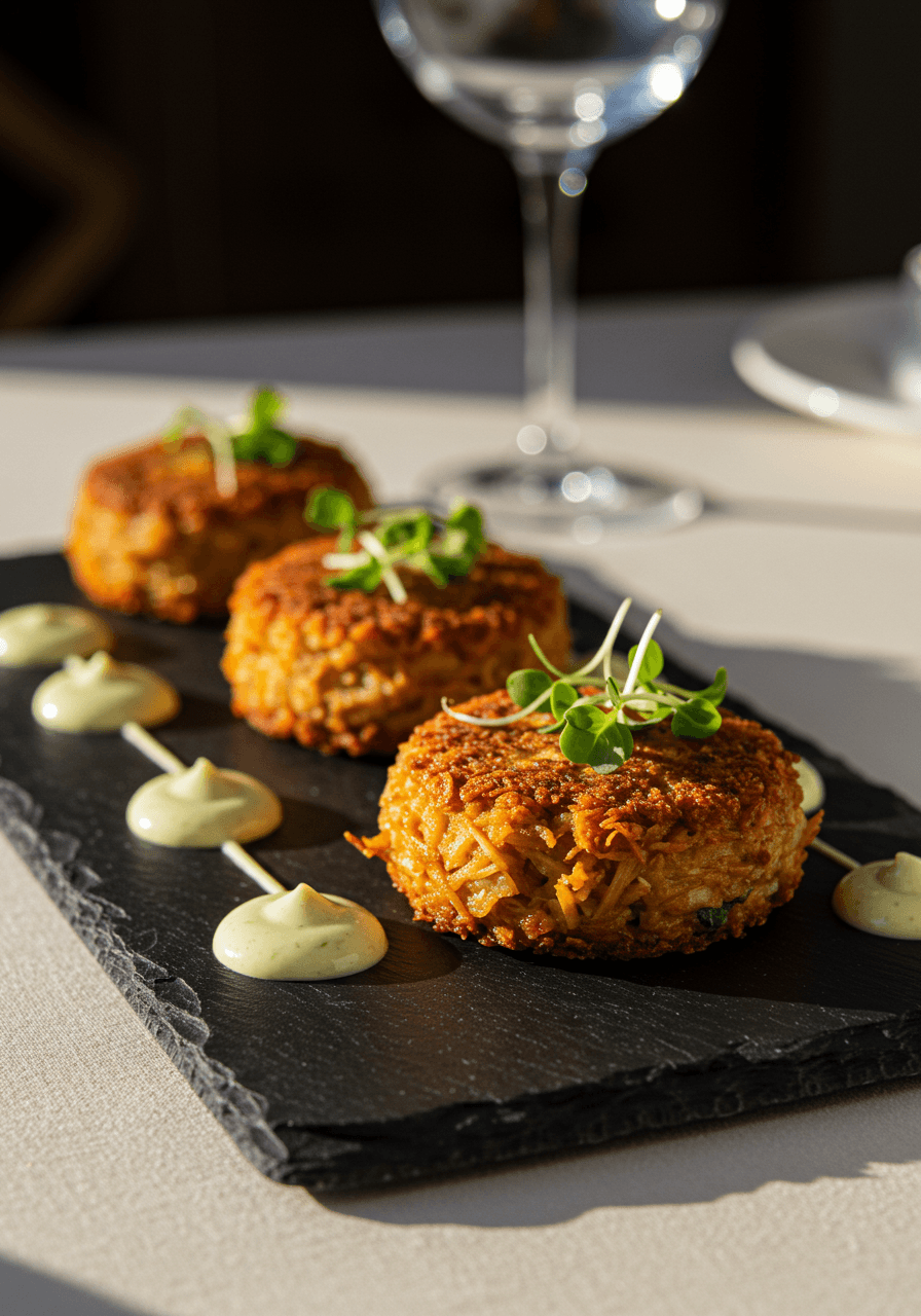 Golden brown jackfruit crab cakes with flaky texture served alongside creamy vegan tartar sauce at a wedding reception