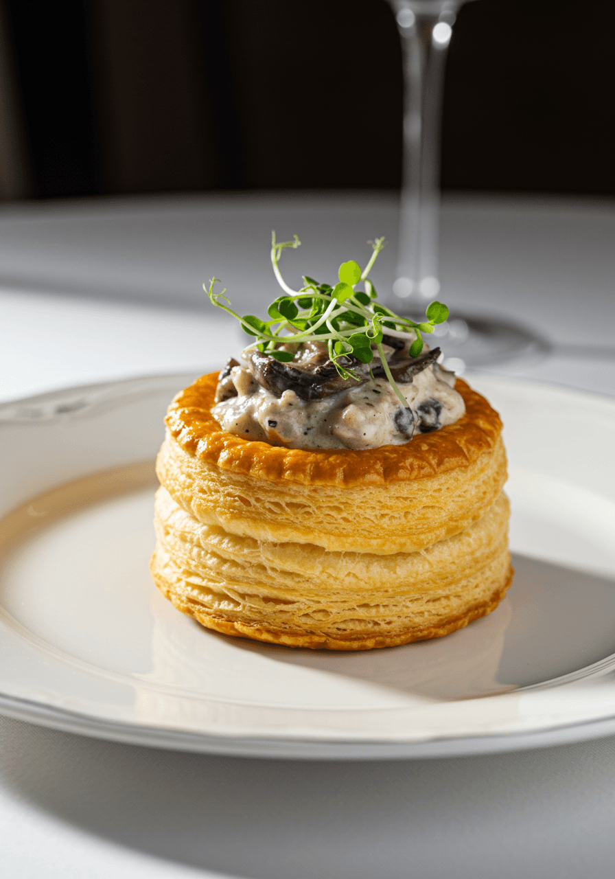 Golden puff pastry vol-au-vent shells filled with creamy wild mushroom mixture in an elegant close-up food photography shot