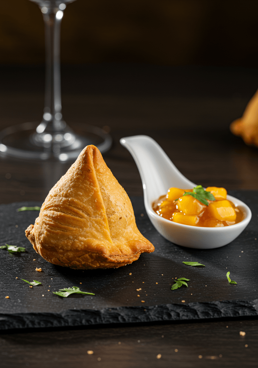 Crispy golden brown miniature lamb samosas served with vibrant orange mango chutney dipping sauce