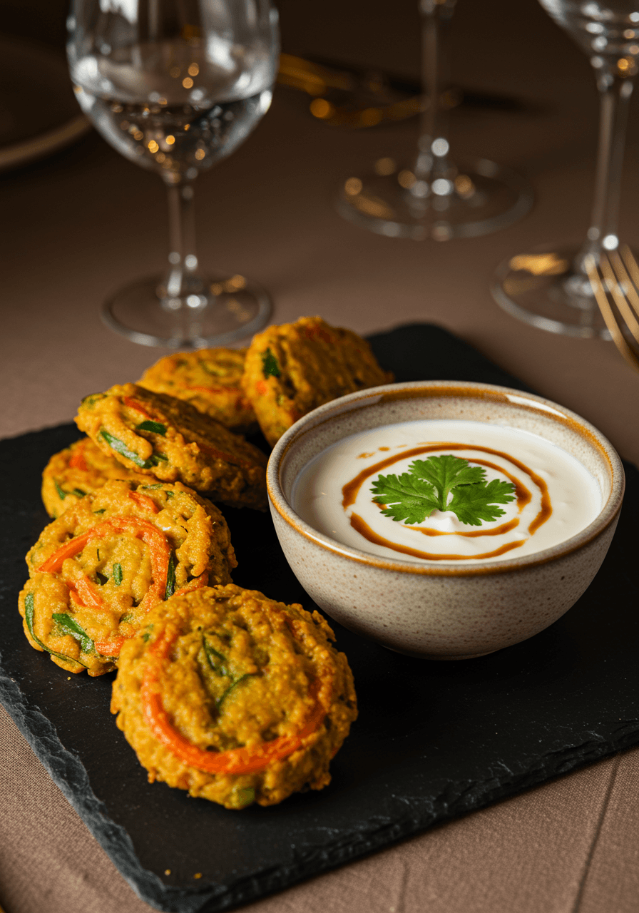 Golden crispy vegetable pakoras served with creamy tamarind raita dipping sauce at an elegant wedding reception