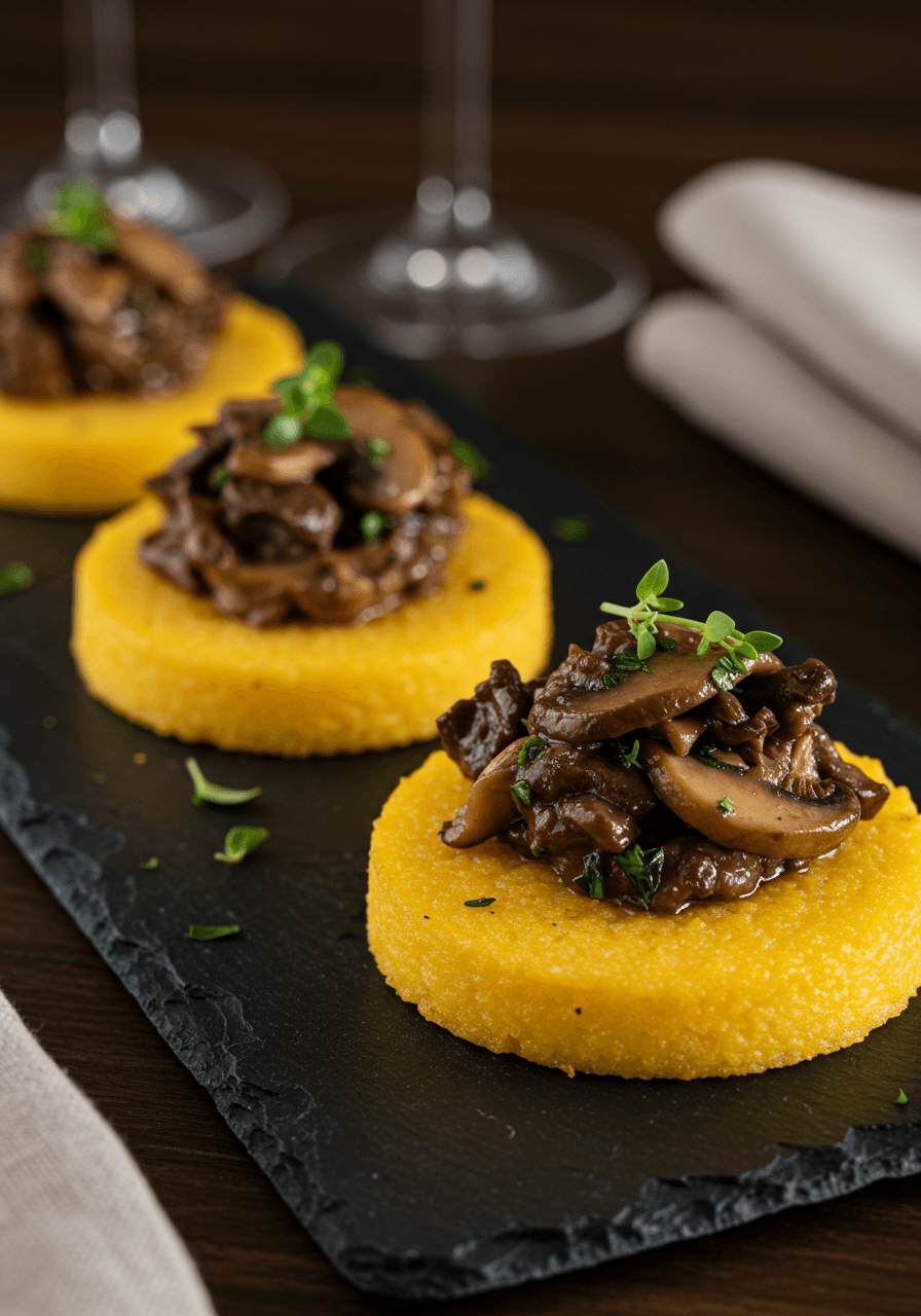 Golden polenta rounds topped with rich wild mushroom ragout as rustic Italian-inspired wedding appetizers