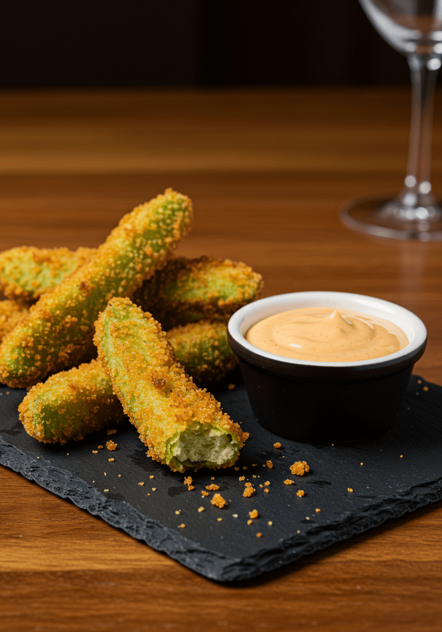 Golden breaded avocado wedges served as elegant fries with creamy chipotle aioli dipping sauce