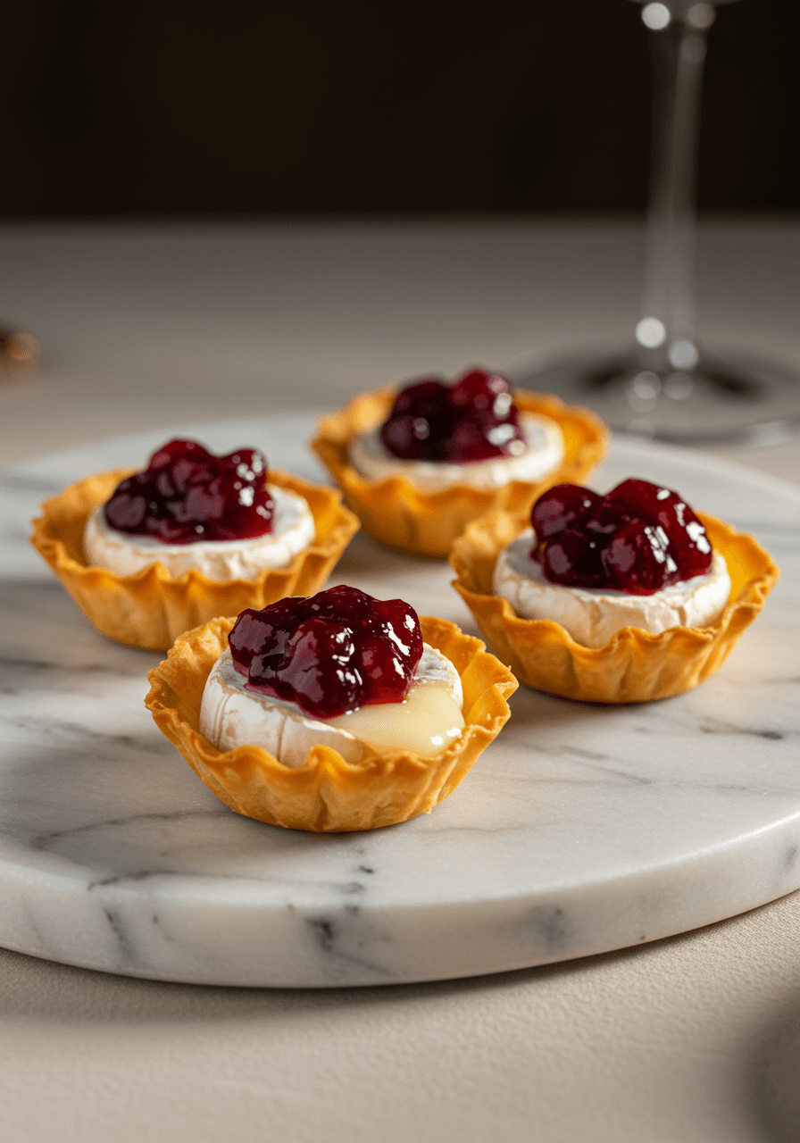 Delicate phyllo shells filled with creamy brie cheese and topped with ruby red cranberry chutney as elegant wedding appetizers