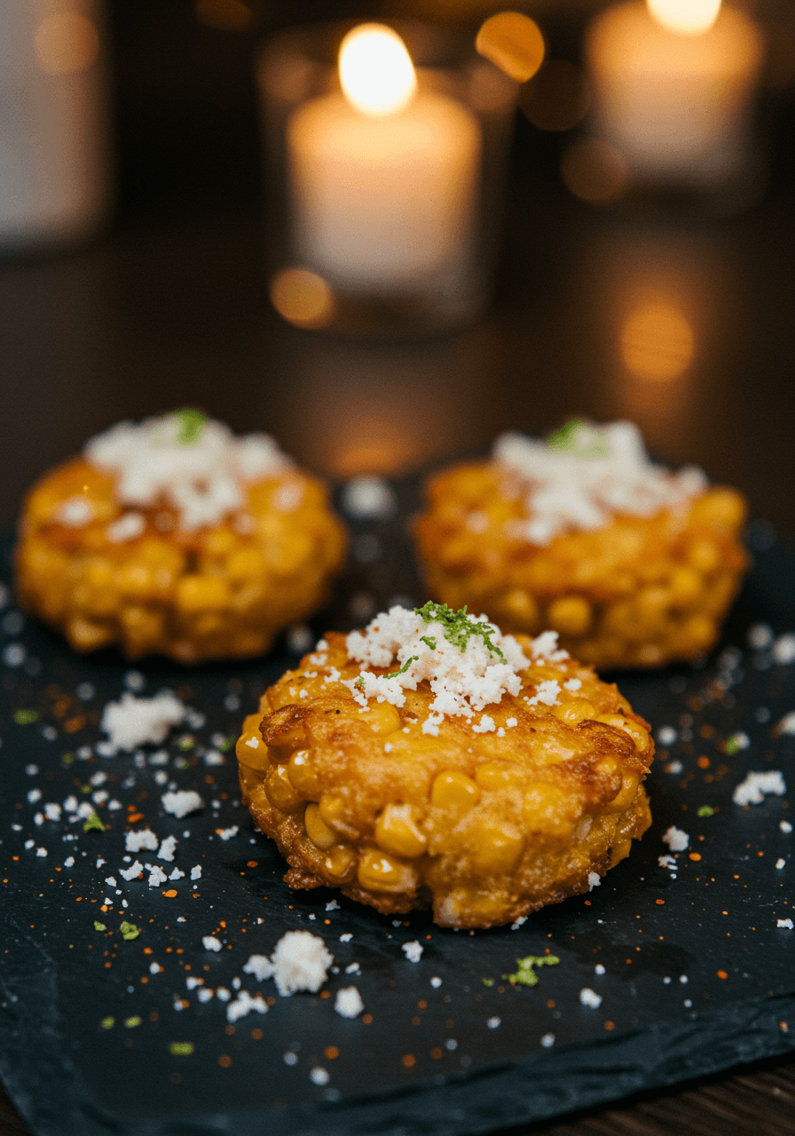 Golden corn fritters inspired by Mexican elote, topped with cotija cheese crumbles at an elegant wedding reception