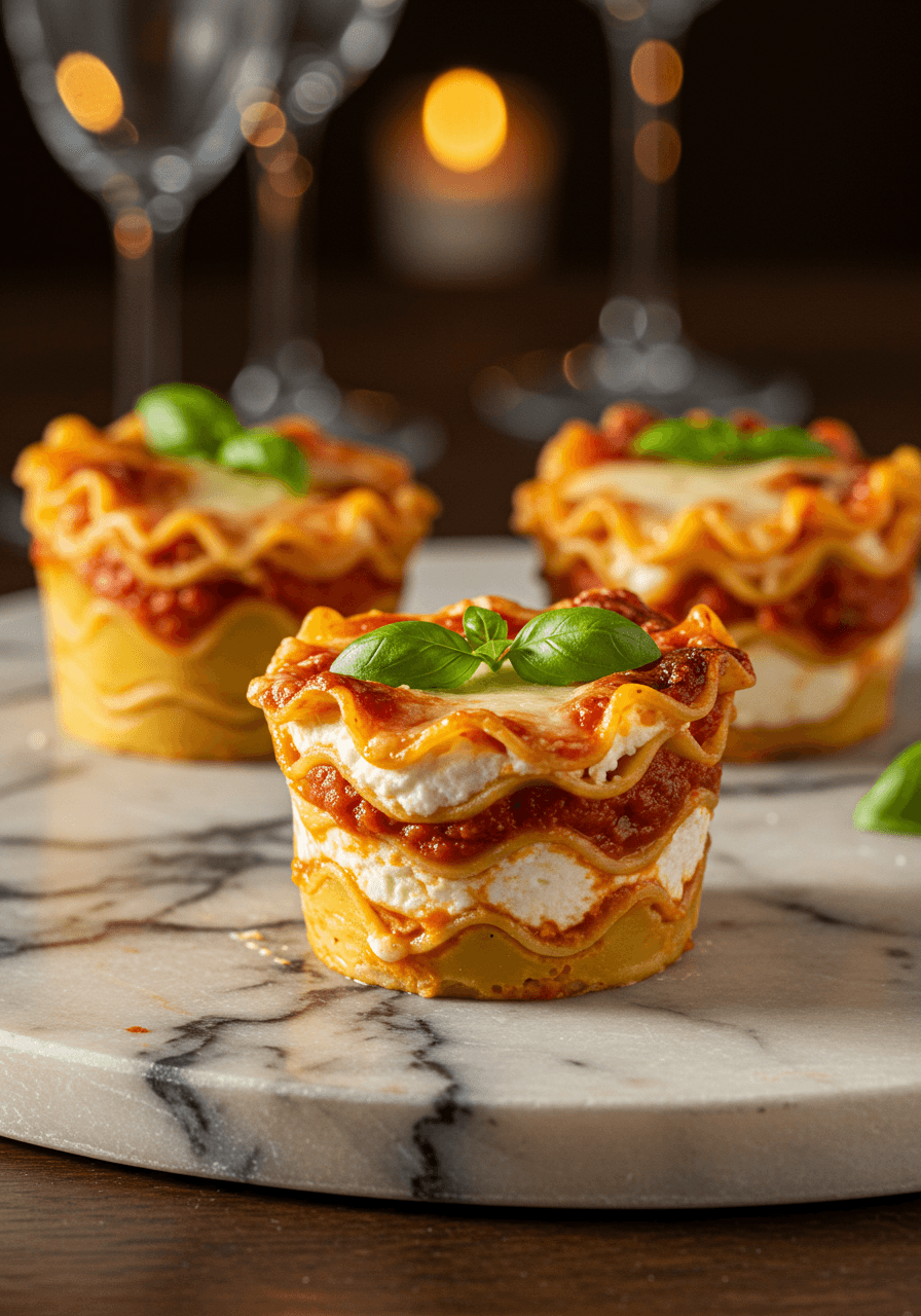 Individual mini lasagna cups with layers of pasta, ricotta cheese, and marinara sauce photographed in warm golden hour lighting