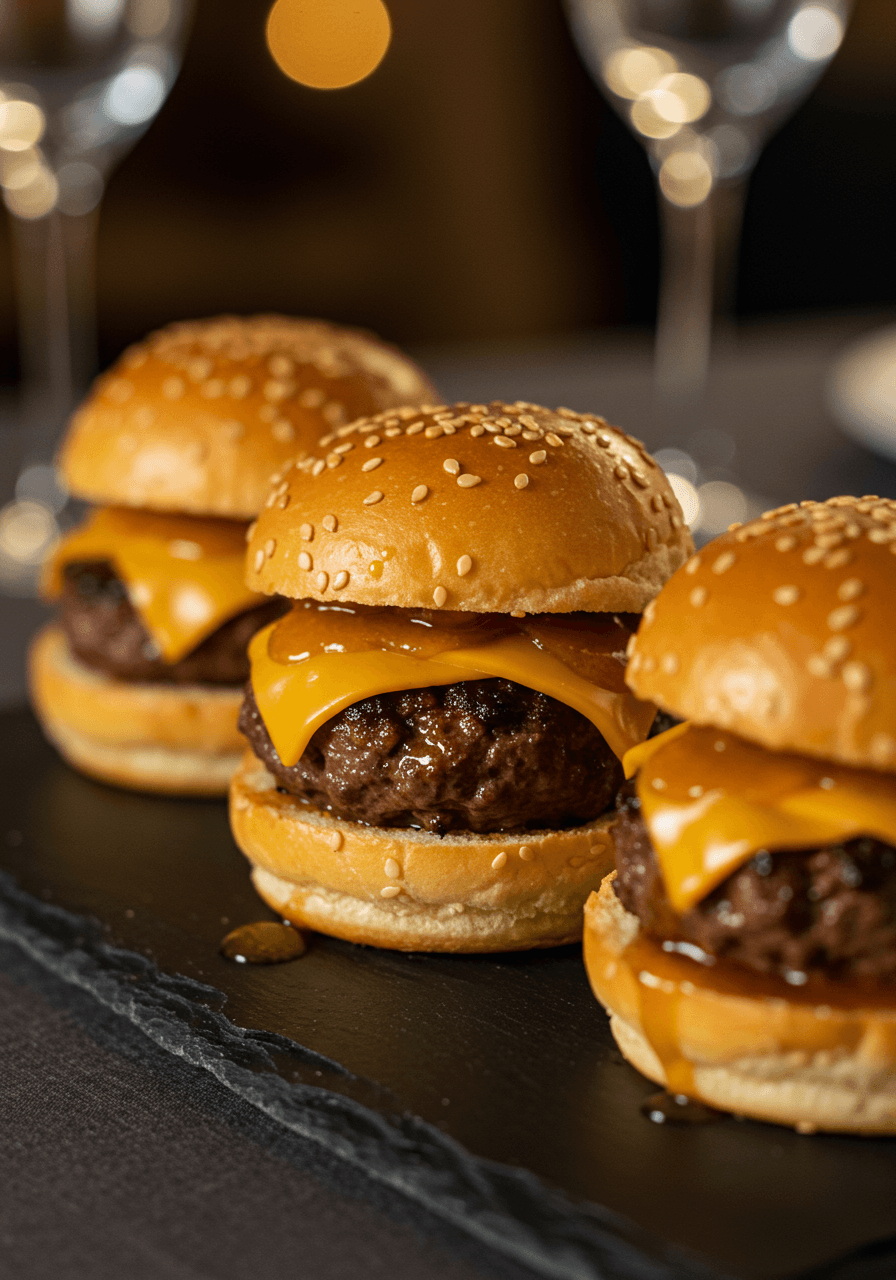 Gourmet mini burger sliders with aged cheddar cheese and special sauce on artisan buns at an upscale wedding reception