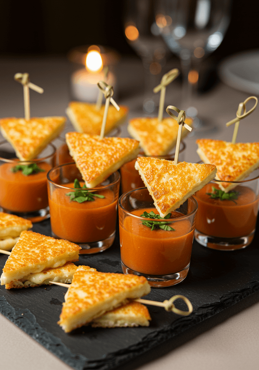 Elegant mini tomato soup served in small glasses with crispy grilled cheese triangle garnishes as sophisticated comfort food appetizers
