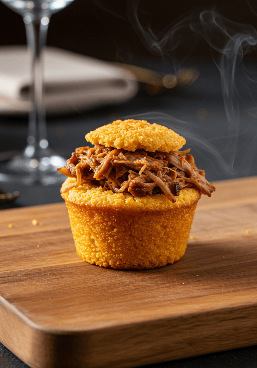 Golden cornbread muffins filled with tender pulled pork and presented as gourmet wedding appetizers