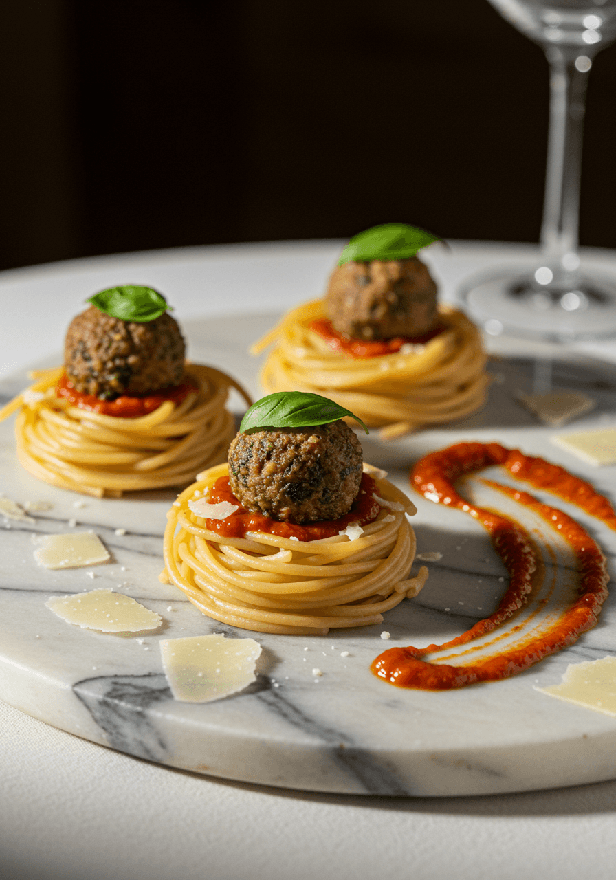 Creative spaghetti nests formed into individual portions and topped with miniature meatballs as unique wedding appetizers