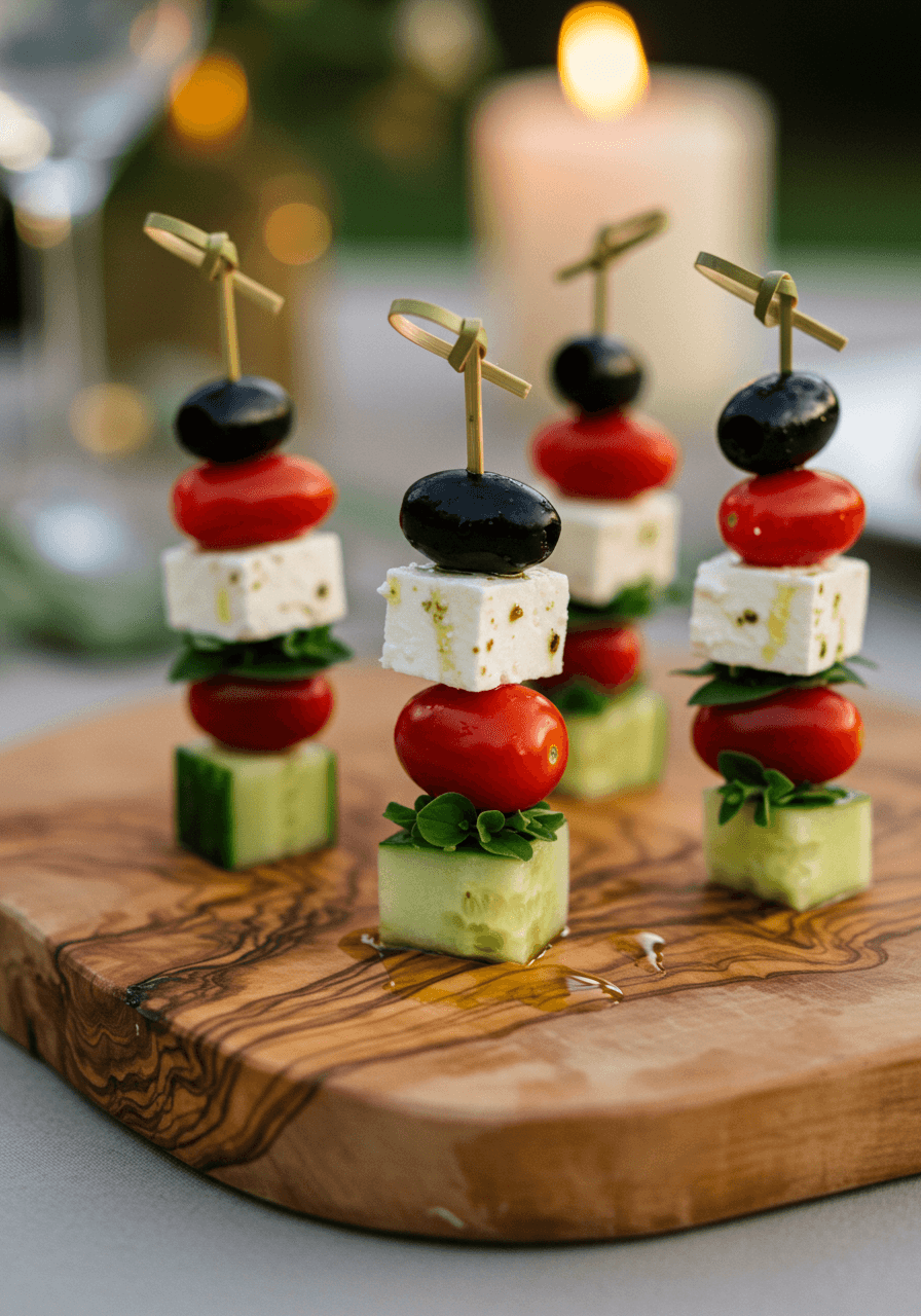 Colorful Greek salad ingredients including cherry tomatoes, cucumber, olives, and feta cheese artfully arranged on skewers