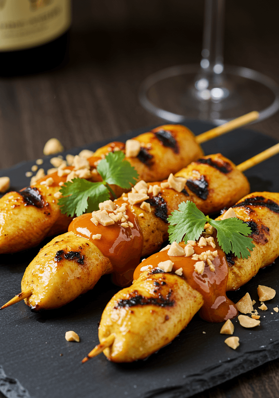 Grilled chicken satay skewers with charred grill marks served alongside rich peanut dipping sauce at a wedding reception