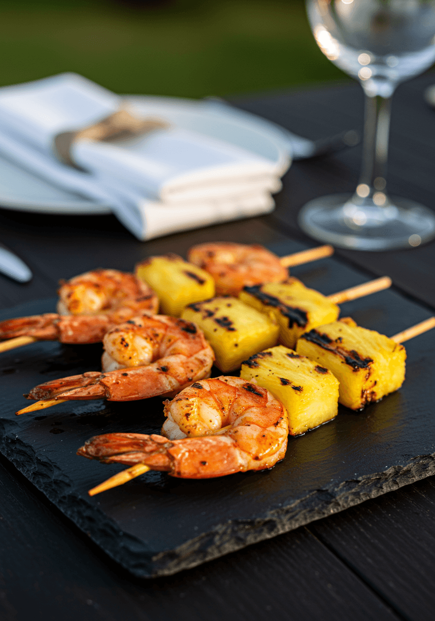 Colorful jerk-spiced shrimp and fresh pineapple chunks arranged on skewers, photographed in warm golden hour lighting