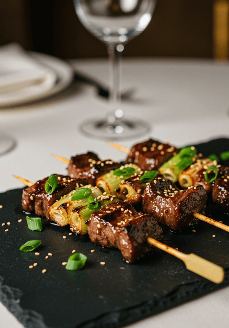 Marinated Korean BBQ beef skewers garnished with fresh scallions, captured during golden hour at a wedding reception