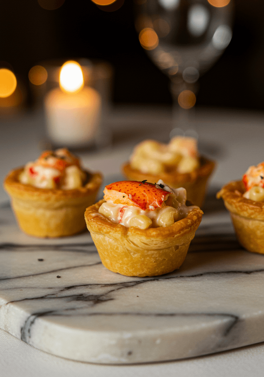 Decadent lobster mac and cheese served in golden pastry cups as an upscale comfort food wedding appetizer