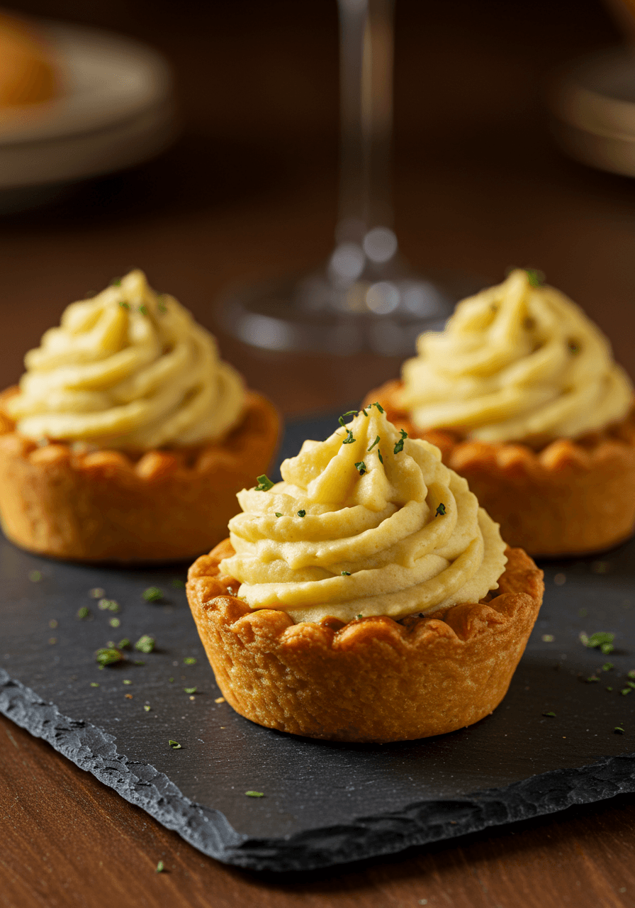 Individual miniature shepherd's pies with golden mashed potato tops arranged on an elegant appetizer platter