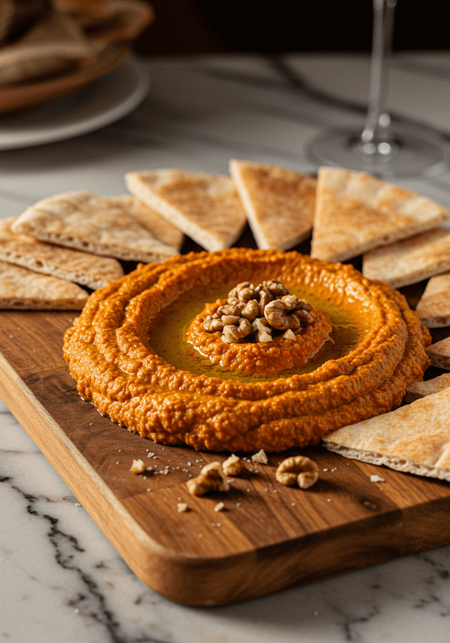 Rich red muhammara dip made from roasted peppers and walnuts, served with crispy pita chips in warm golden hour lighting
