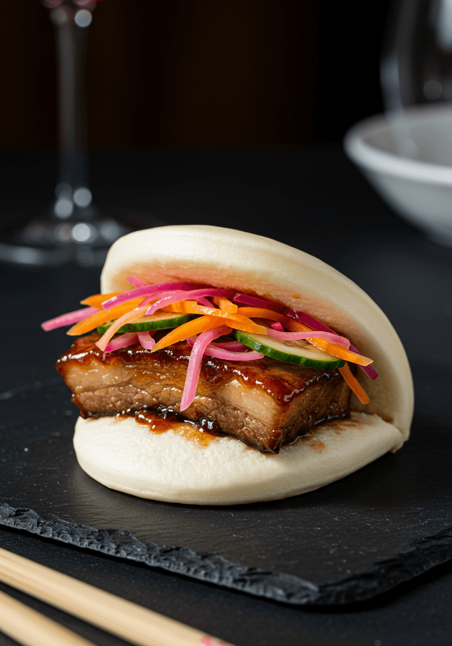Soft white bao buns filled with succulent pork belly and colorful pickled vegetables as sophisticated wedding appetizers