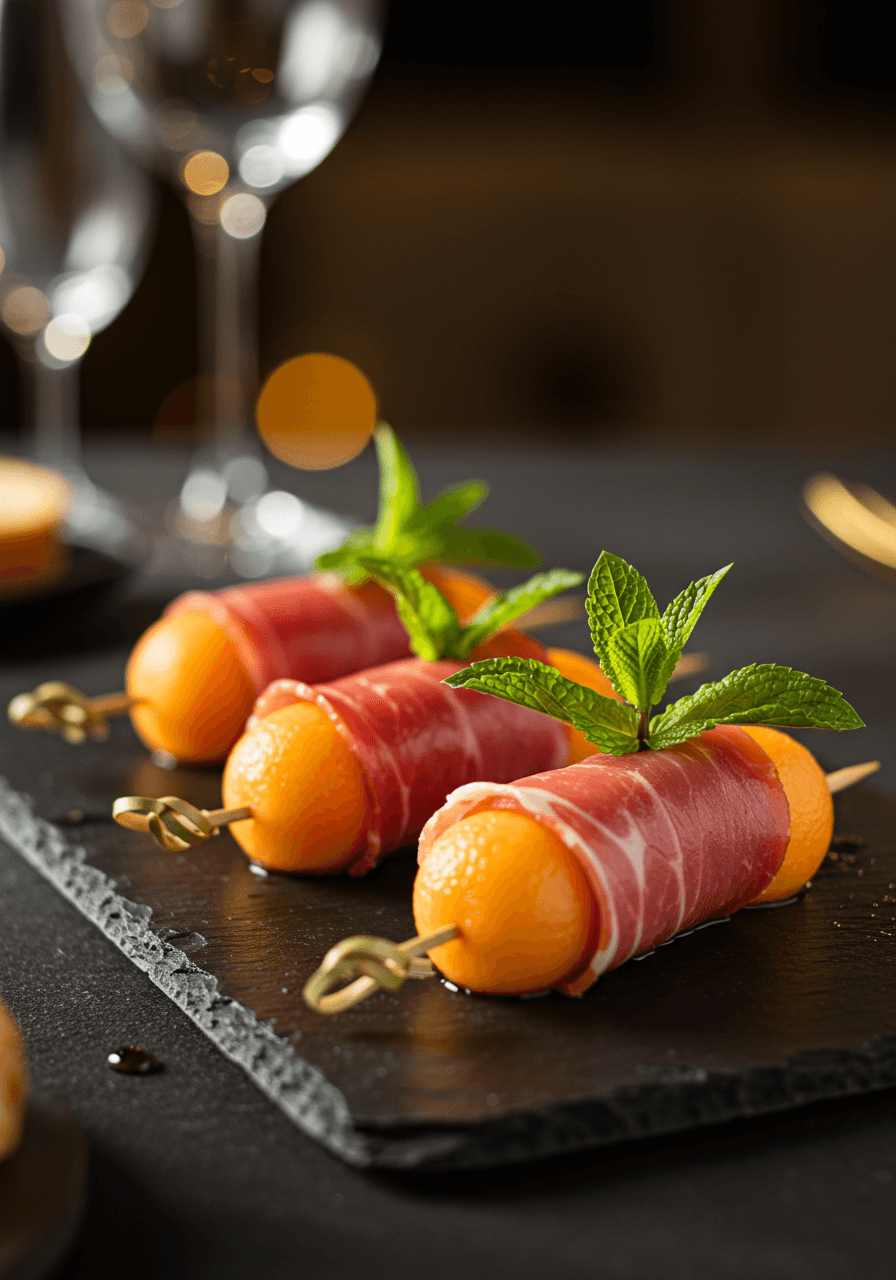 Fresh cantaloupe melon wrapped in delicate prosciutto slices and garnished with bright green mint leaves on wooden skewers
