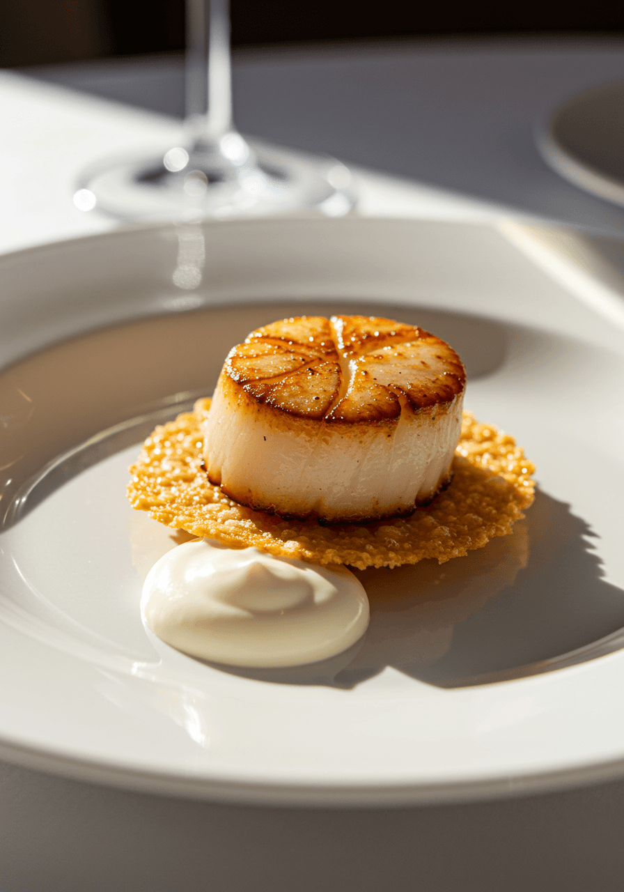 Perfectly seared scallop positioned atop a golden Parmesan crisp wafer, garnished with bright lemon aioli at a sophisticated wedding reception