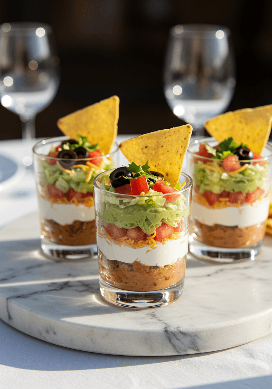 Individual clear cups showing distinct layers of seven-layer dip with a single tortilla chip garnish, captured in warm golden hour lighting