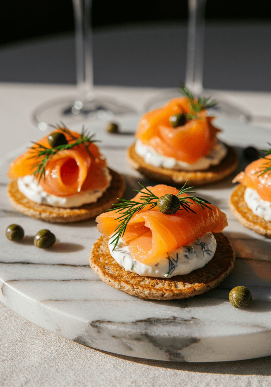 Delicate blinis topped with silky smoked salmon, creamy dill-infused cream cheese, and briny capers photographed during golden hour