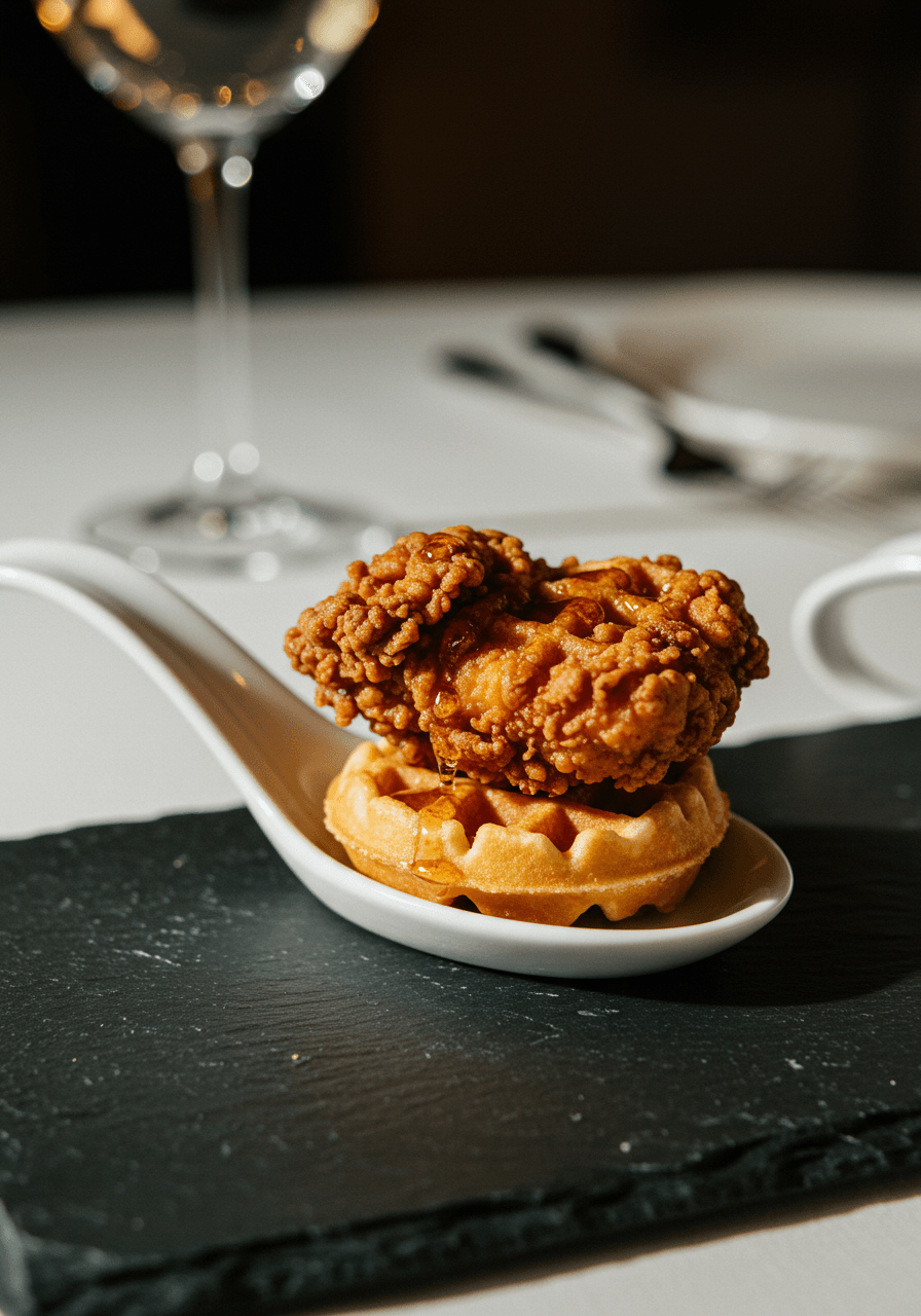 Crispy fried chicken served on mini waffle squares and drizzled with golden maple syrup at a wedding reception