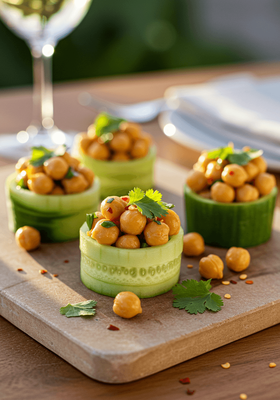 Fresh cucumber cups filled with colorful spicy chickpea salad as healthy, vegetarian wedding appetizers