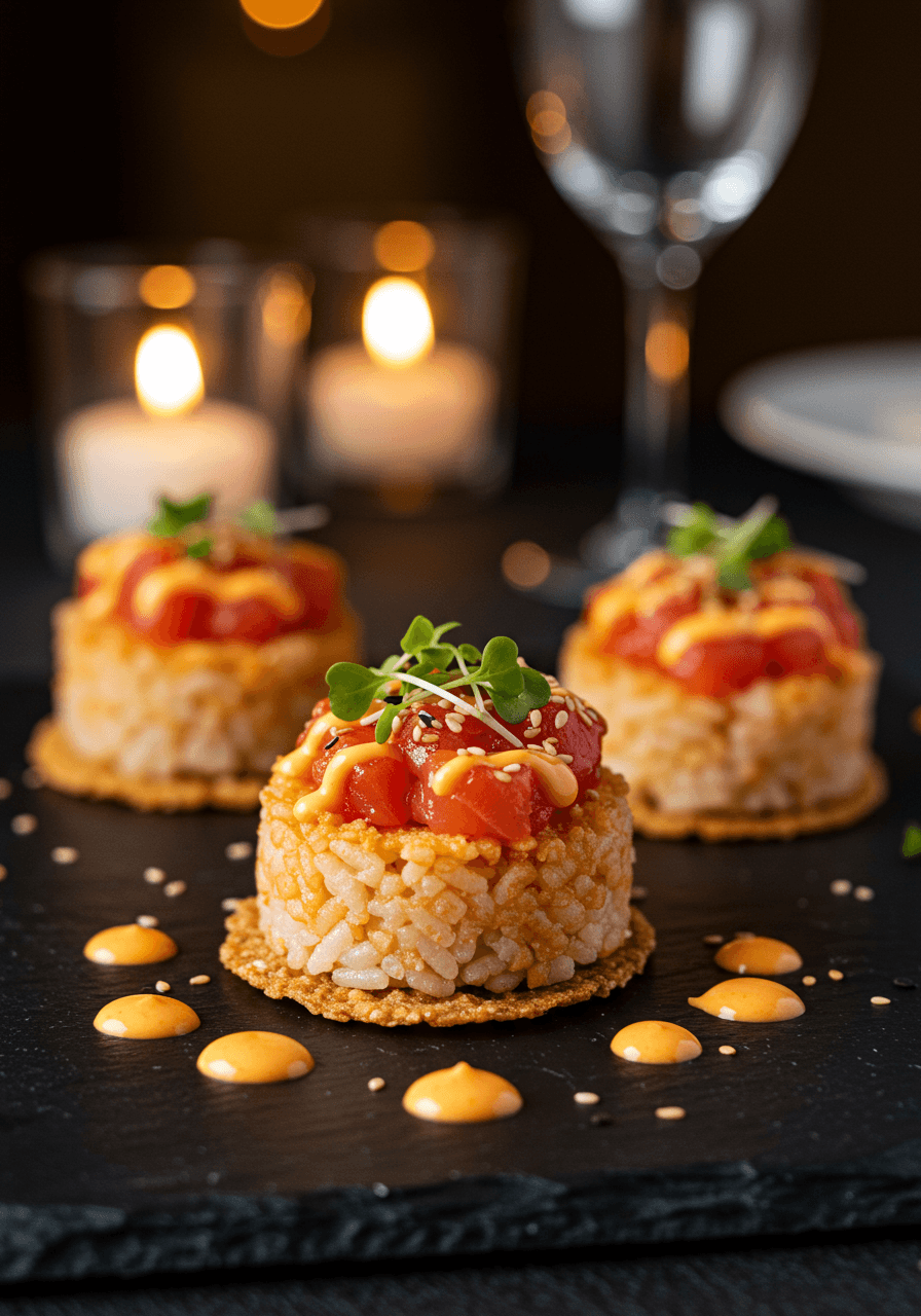 Modern spicy tuna mixture served atop crispy sushi rice squares as contemporary Japanese-inspired wedding appetizers