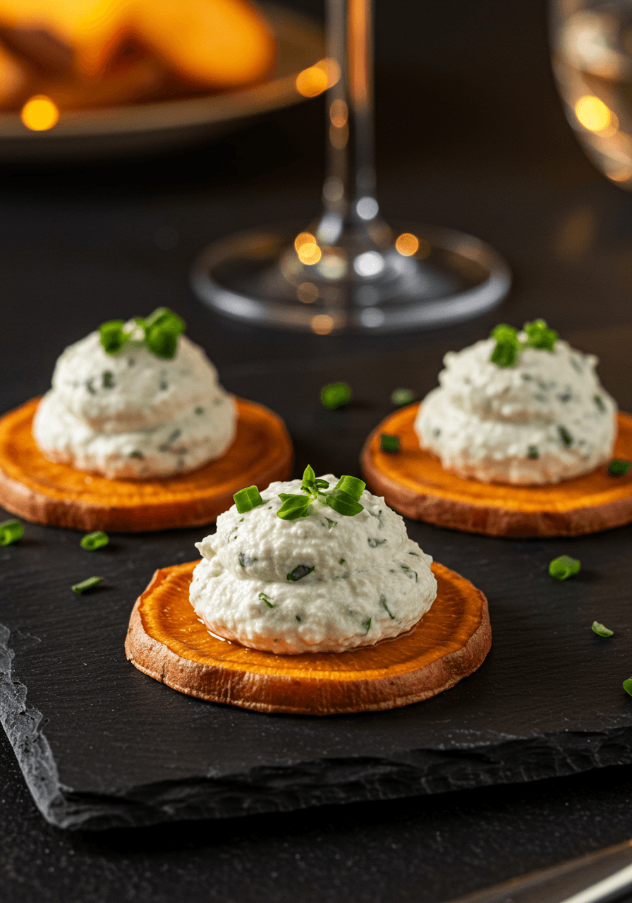 Roasted sweet potato rounds topped with creamy whipped herb ricotta cheese as seasonal wedding appetizers