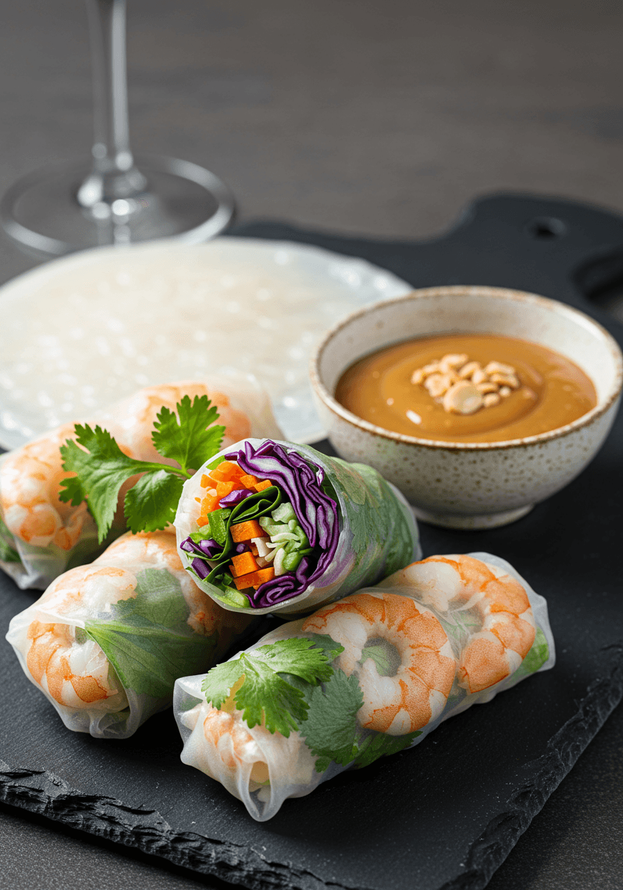 Translucent Vietnamese spring rolls showing colorful fresh vegetables and herbs inside, captured in detailed macro photography