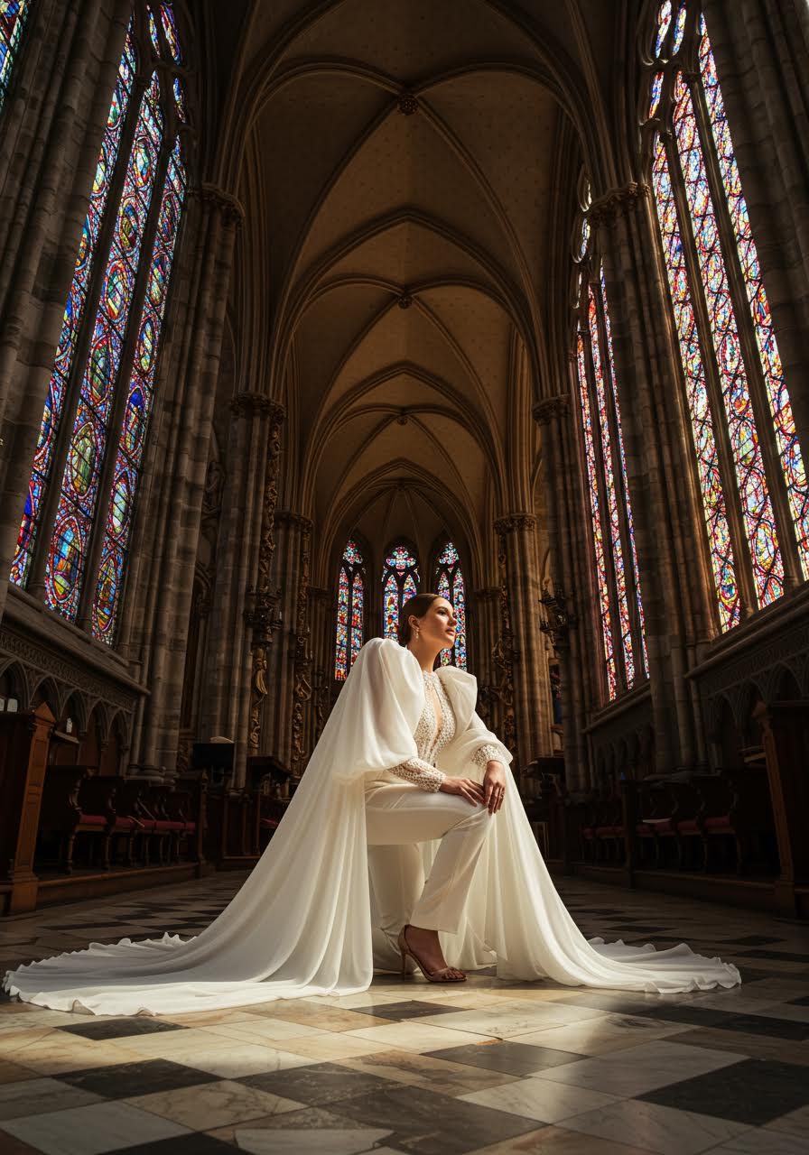 Cathedral bride wearing ivory jumpsuit with dramatic beaded bishop sleeves