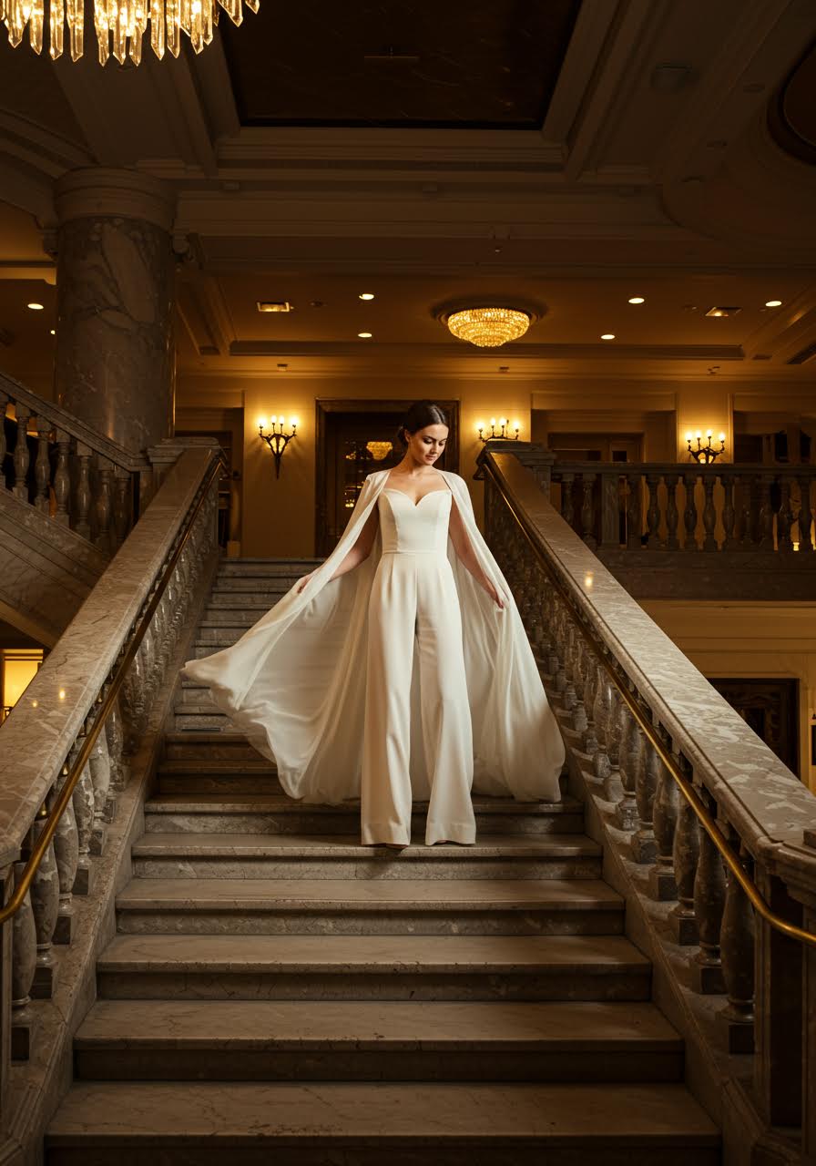 Luxury hotel marble staircase featuring bride in dramatic wide-leg jumpsuit