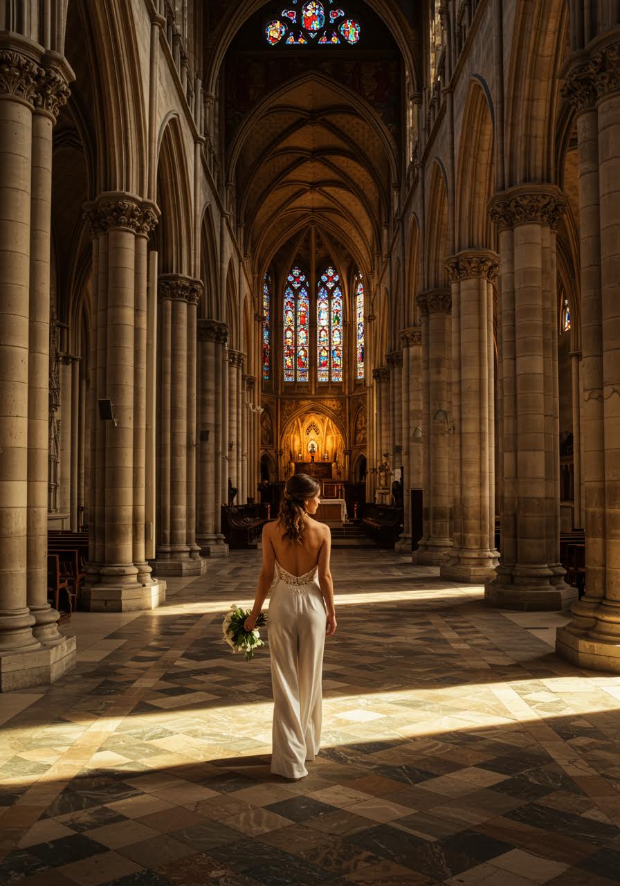 Gothic cathedral featuring bride in flowing backless lace jumpsuit with wide legs