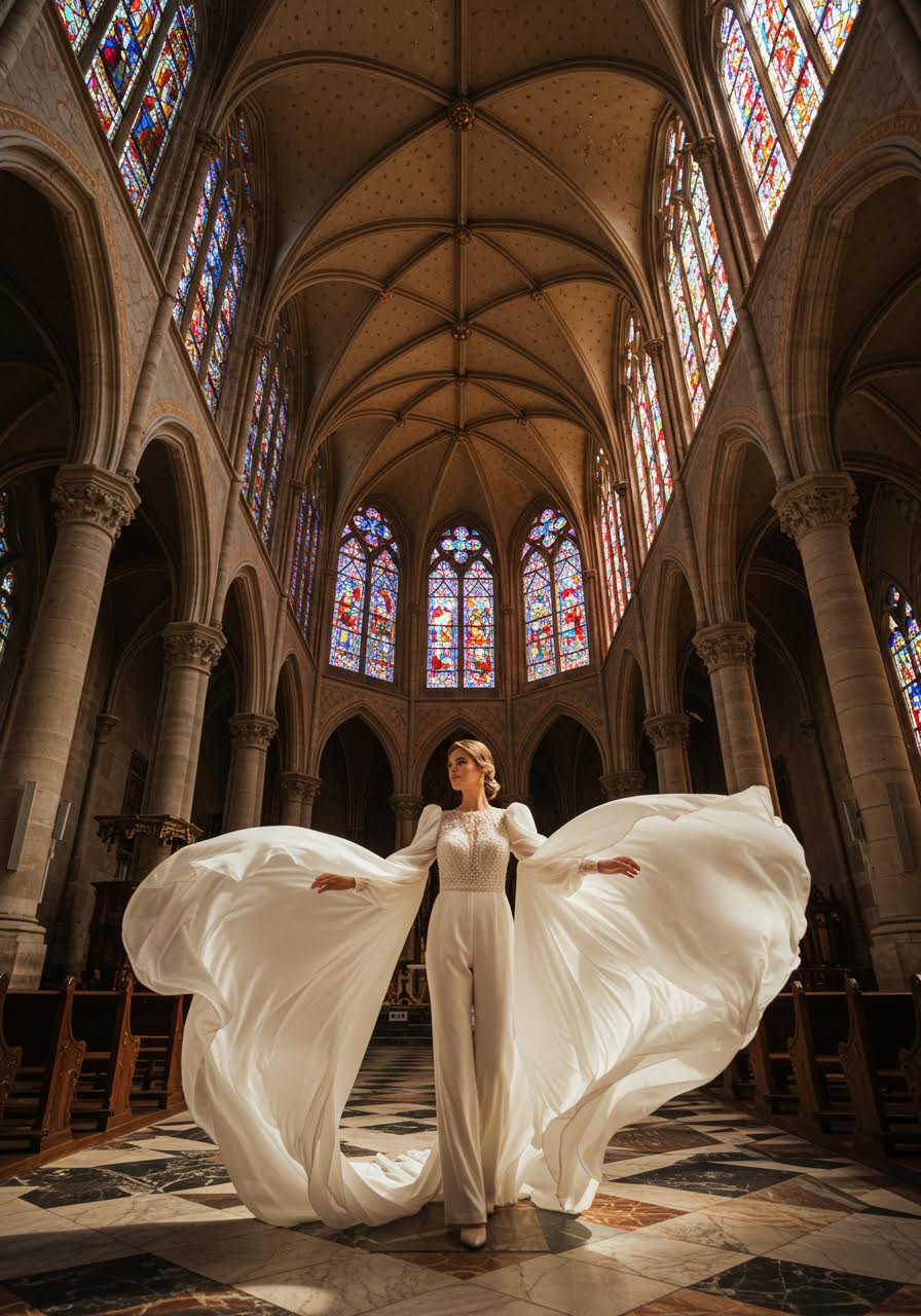 Gothic cathedral setting showcasing bride in voluminous bishop sleeve jumpsuit with intricate beadwork