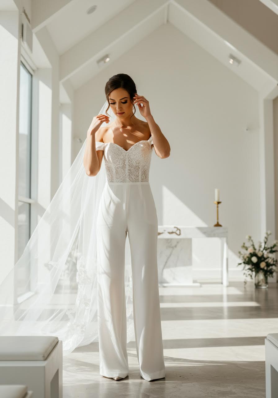 Modern minimalist chapel bride in elegant off-shoulder jumpsuit with flowing pants