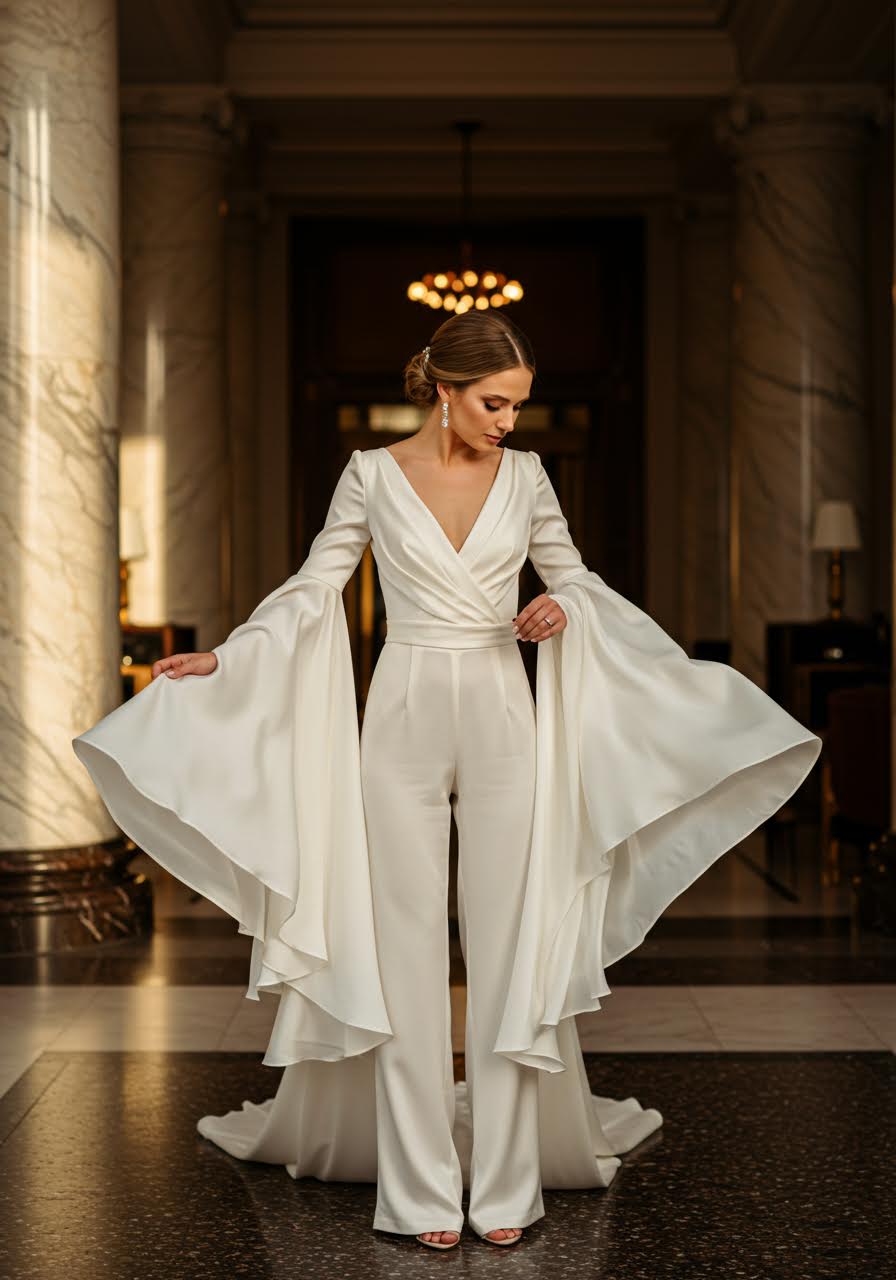 Luxurious hotel setting featuring bride in silk jumpsuit with flowing bell sleeves