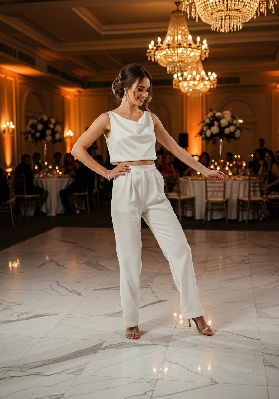 Upscale reception featuring bride in sleeveless cropped jumpsuit under chandeliers