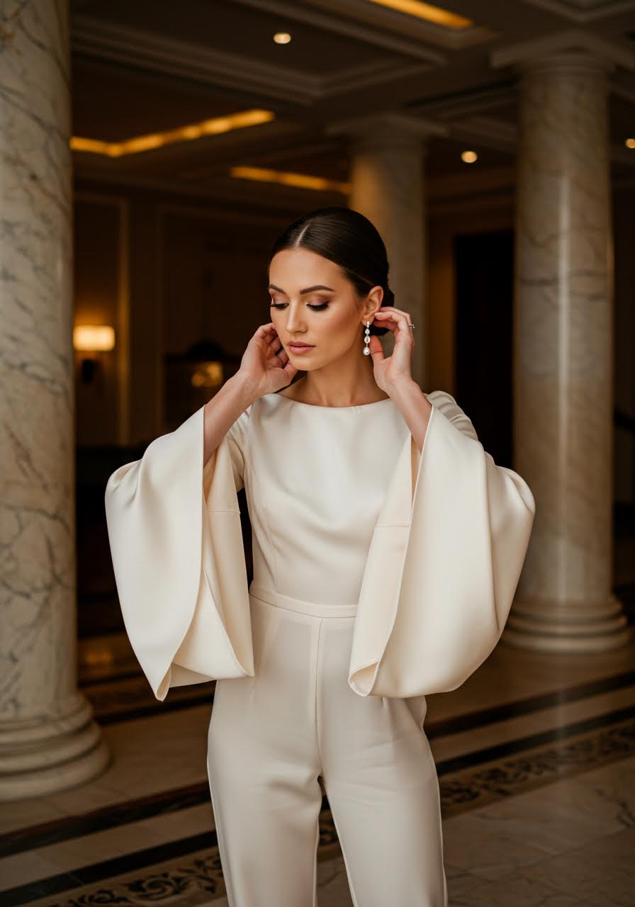 Bride in dramatic bell sleeve silk jumpsuit creating fluid movement in marble hotel lobby