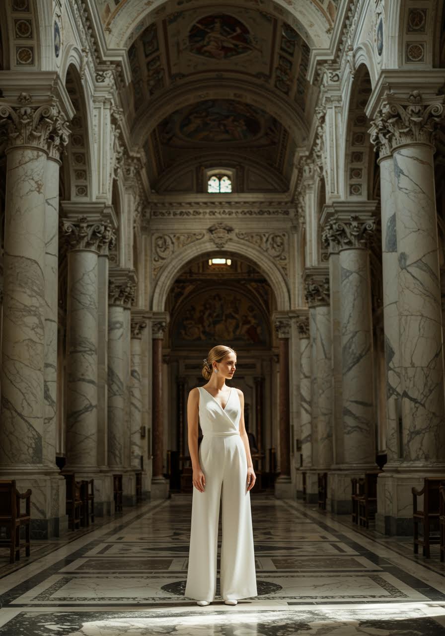 Opulent marble cathedral featuring bride in sleek minimalist white jumpsuit