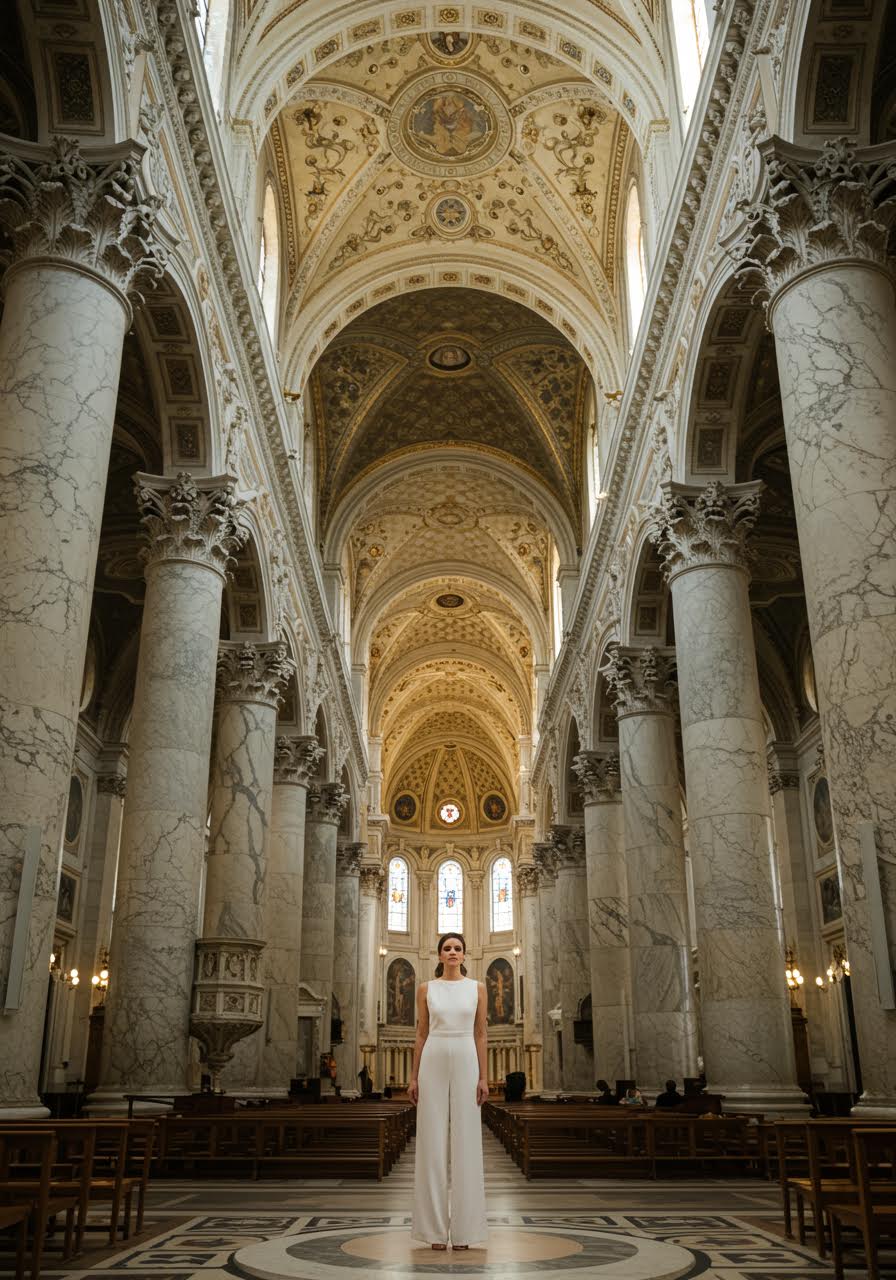 Soaring cathedral columns backdrop for bride in clean-lined white jumpsuit