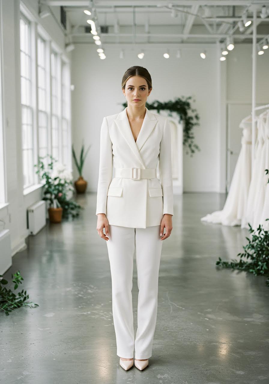 Modern bridal boutique featuring bride in crisp white tailored jumpsuit with wide statement belt