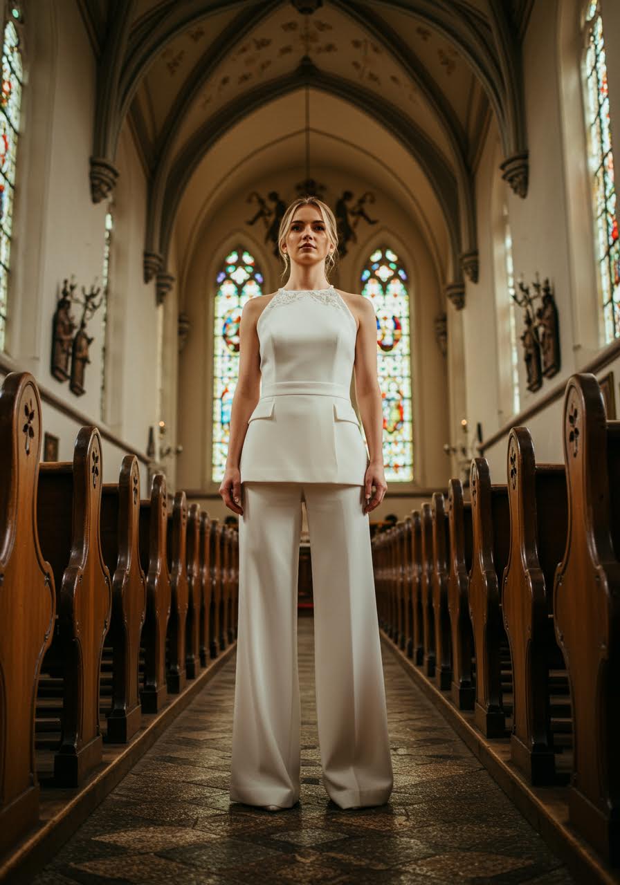Modern bride in sophisticated white halter jumpsuit against classic church architecture