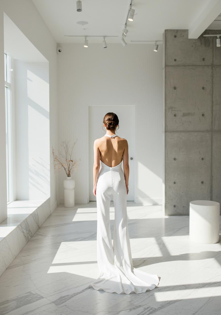 Contemporary bride in sleek white backless jumpsuit in modern bridal boutique